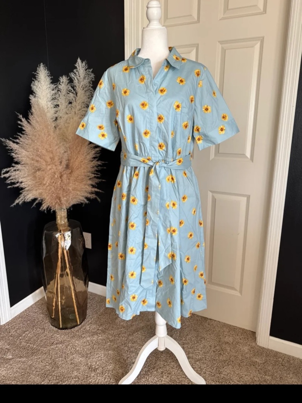 JASON WU Stretch Cotton Printed Twee Shirt Dress Blue Sunflower in Size Large - Picture 8 of 12